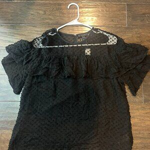 NWT J Crew Short Sleeve Black Ruffle Blouse with Textured Clip Dot - Size 12